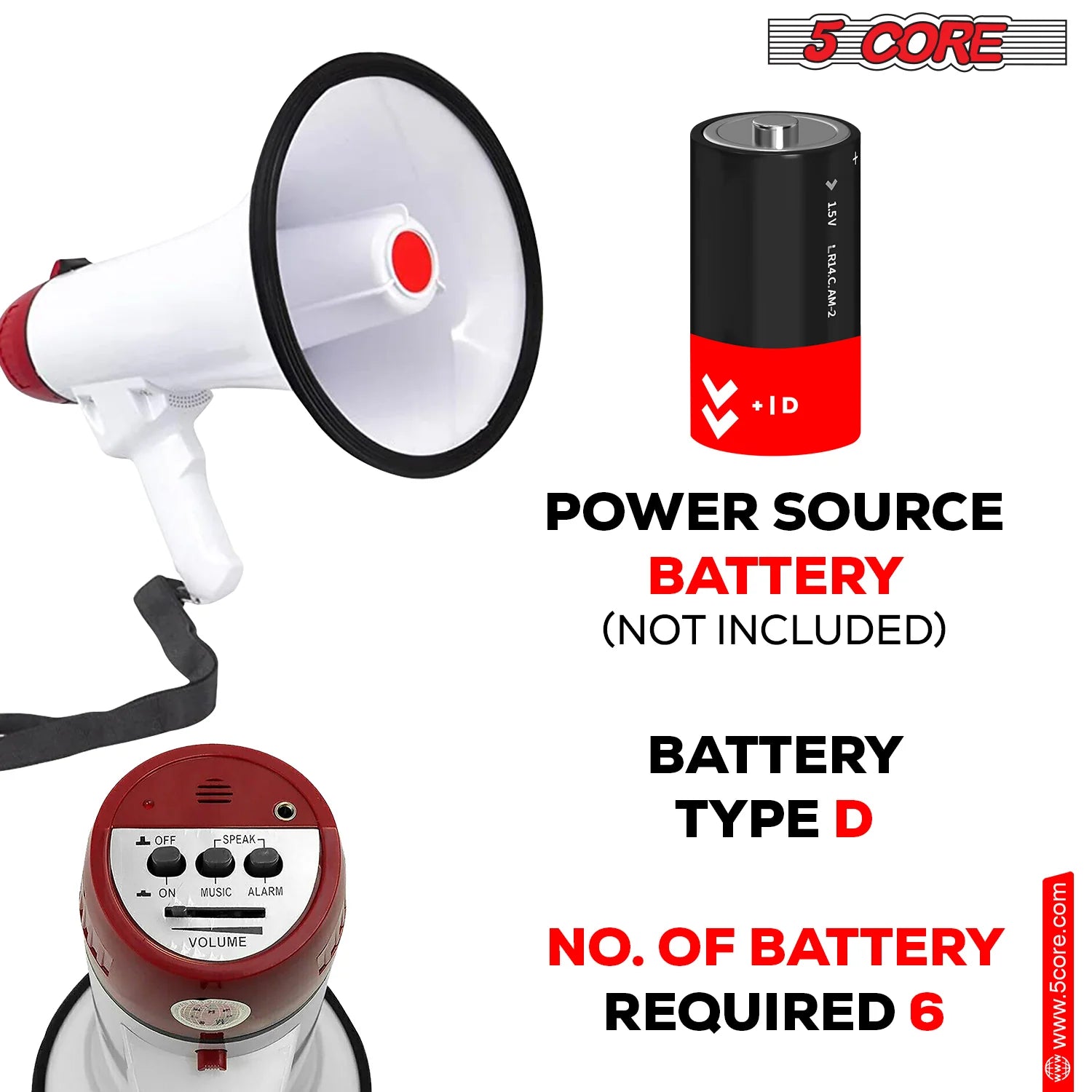 5Core Megaphone Bullhorn Speaker 40W Bull Horn Rechargeable Cheer Megafono 1000 Yards
