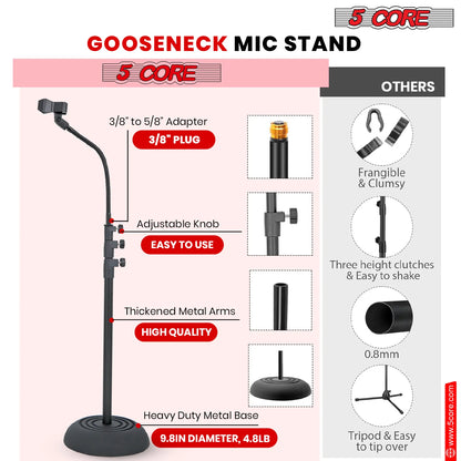 5Core Mic Stand Floor Adjustable Universal Heavy Duty Gooseneck Microphone Stands round Base Soporte De Micrófono